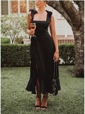 Black Midi Dress with Tie Shoulder Straps